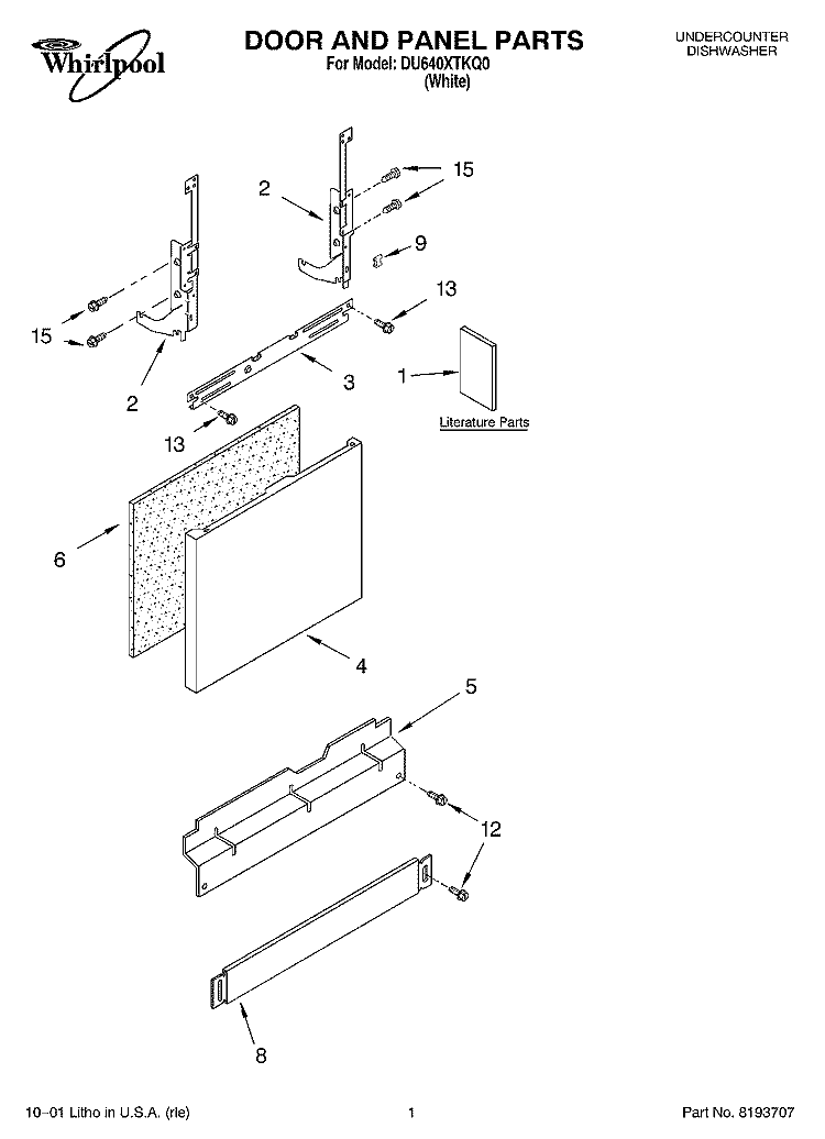 DOOR AND PANEL, LITERATURE Diagram and Parts List for DU640XTKQ0  Whirlpool Dishwasher