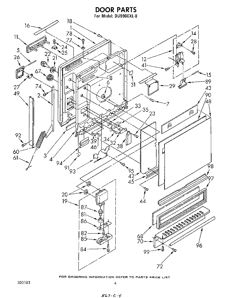 DOOR Diagram and Parts List for DU9900XL0  Whirlpool Dishwasher