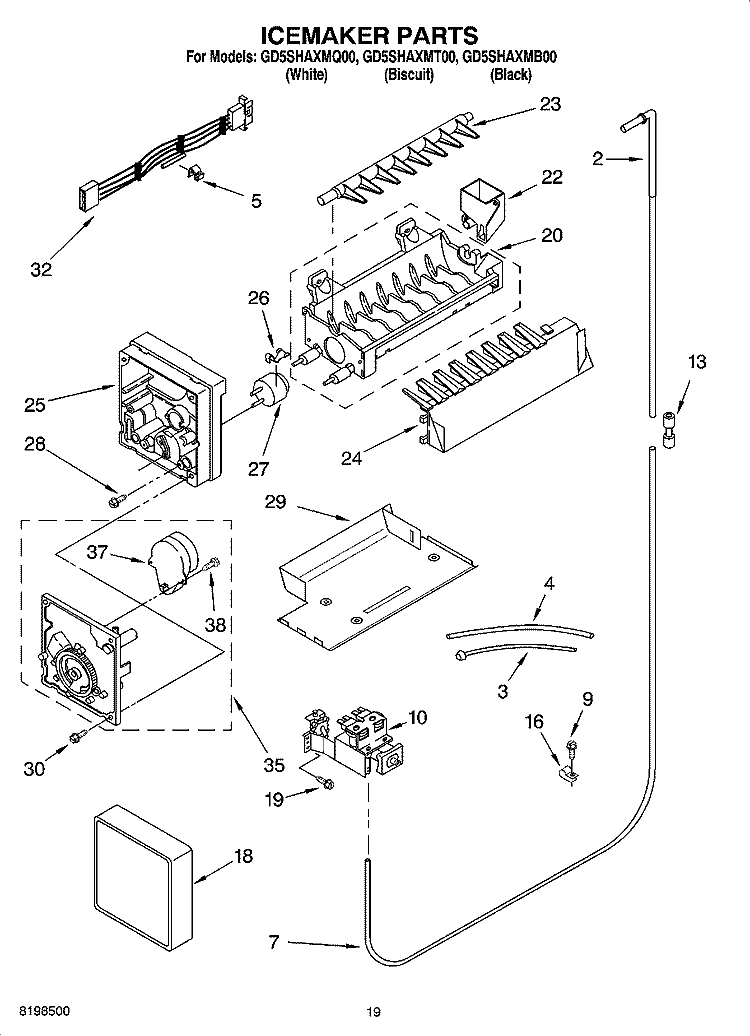 ICEMAKER PARTS Diagram and Parts List for GD5SHAXMT00  Whirlpool Refrigerator