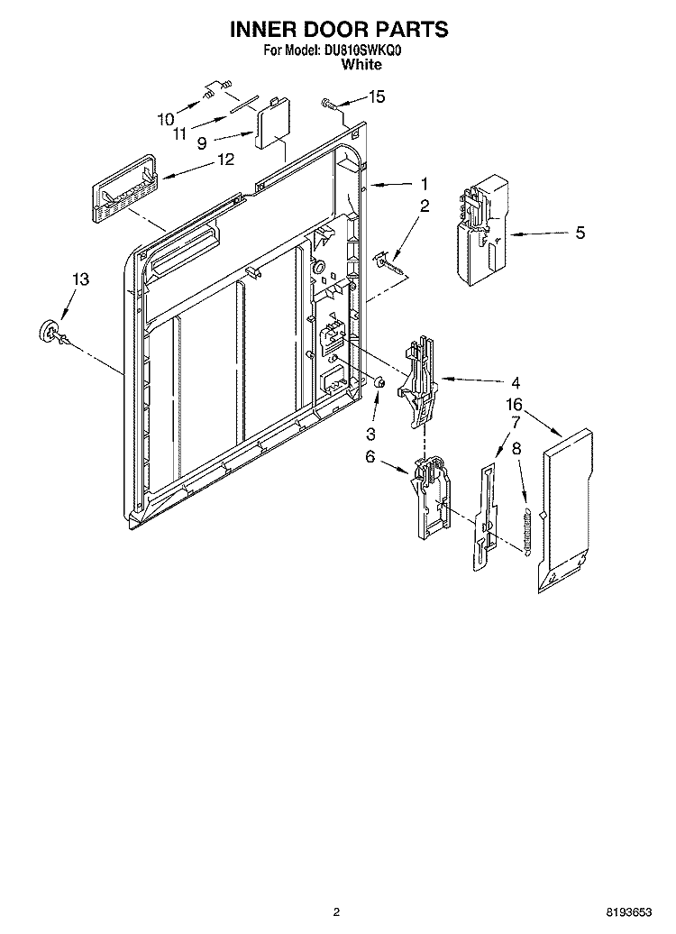 INNER DOOR Diagram and Parts List for DU810SWKQ0  Whirlpool Dishwasher
