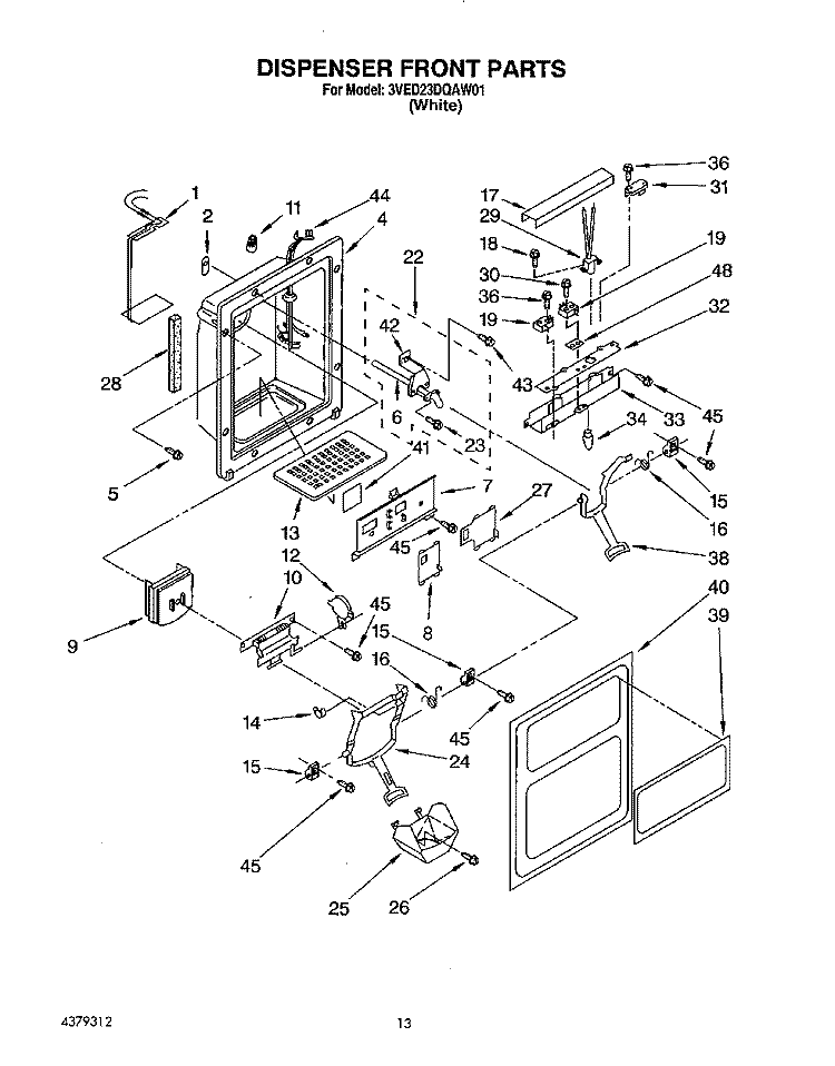 DISPENSER FRONT Diagram and Parts List for 3VED23DQAW01  Whirlpool Refrigerator