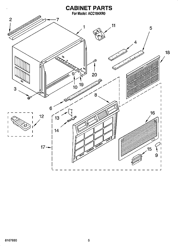 CABINET PARTS Diagram and Parts List for ACC184XR0  Whirlpool Air Conditioner