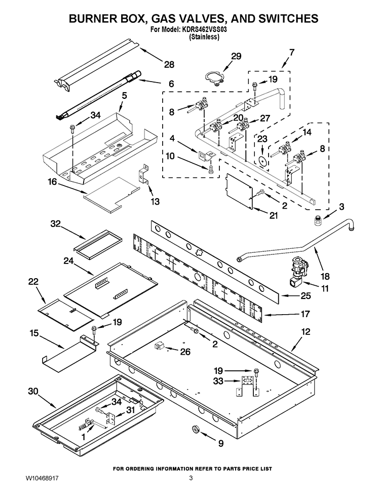 BURNER BOX, GAS VALVES, AND SWITCHES Diagram and Parts List for KDRS462VSS03  KitchenAid Range