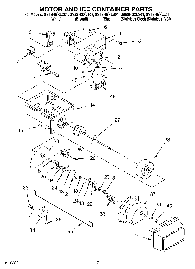 MOTOR AND ICE CONTAINER PARTS Diagram and Parts List for GS5SHGXLQ01  Whirlpool Refrigerator