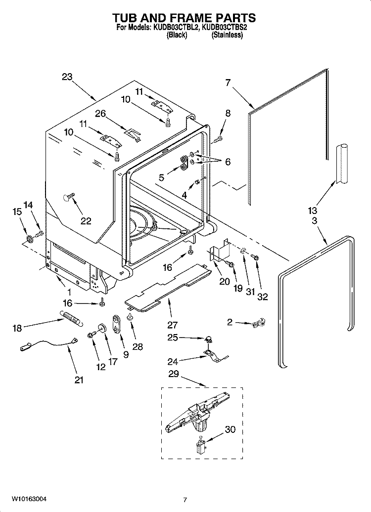 TUB AND FRAME PARTS Diagram and Parts List for KUDB03CTBS2  KitchenAid Dishwasher