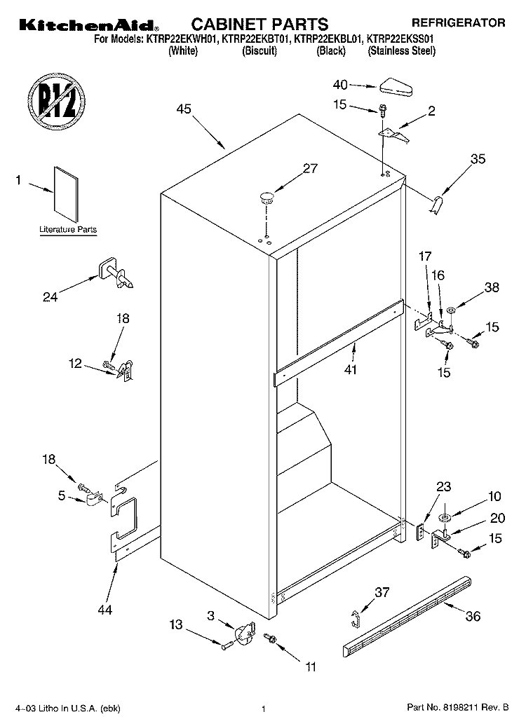 CABINET PARTS Diagram and Parts List for KTRP22EKBL01  KitchenAid Refrigerator