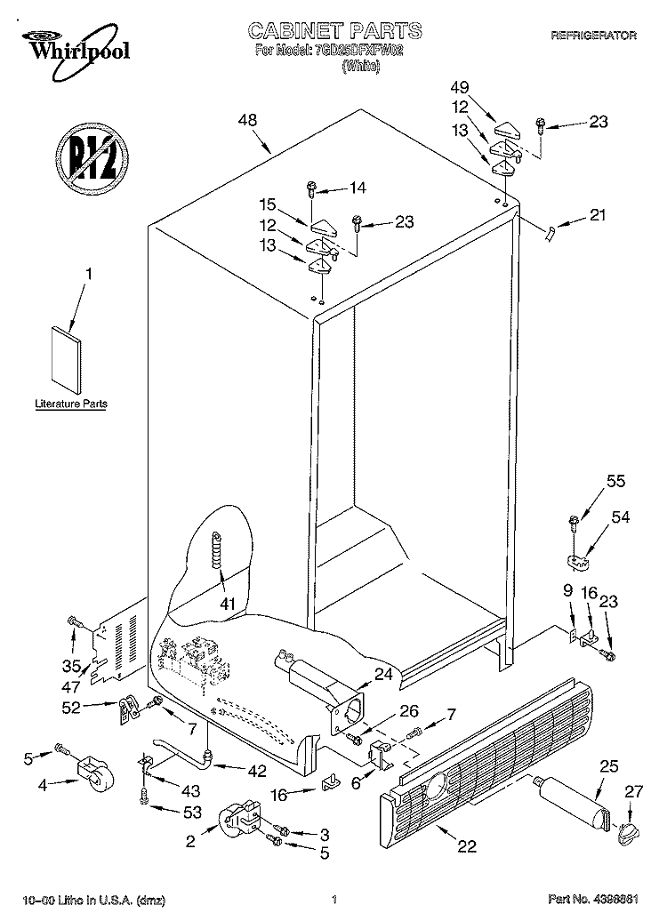 CABINET, LITERATURE Diagram and Parts List for 7GD25DFXFW02  Whirlpool Refrigerator