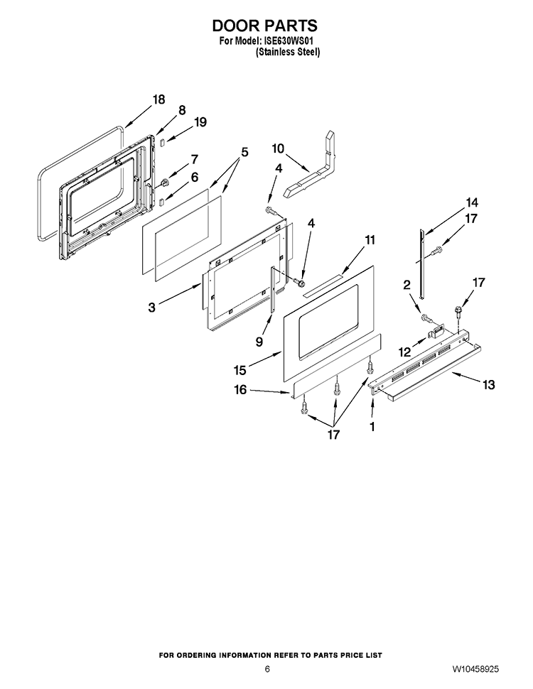 DOOR PARTS Diagram and Parts List for ISE630WS01  Whirlpool Range