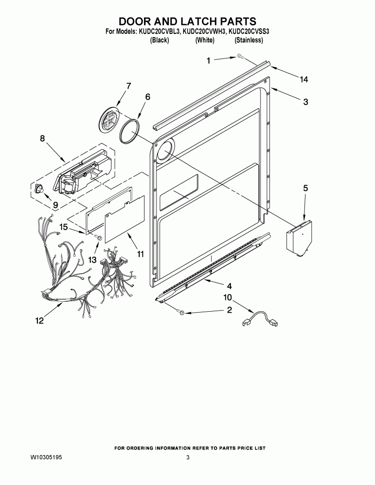 DOOR AND LATCH PARTS Diagram and Parts List for KUDC20CVBL3  KitchenAid Dishwasher