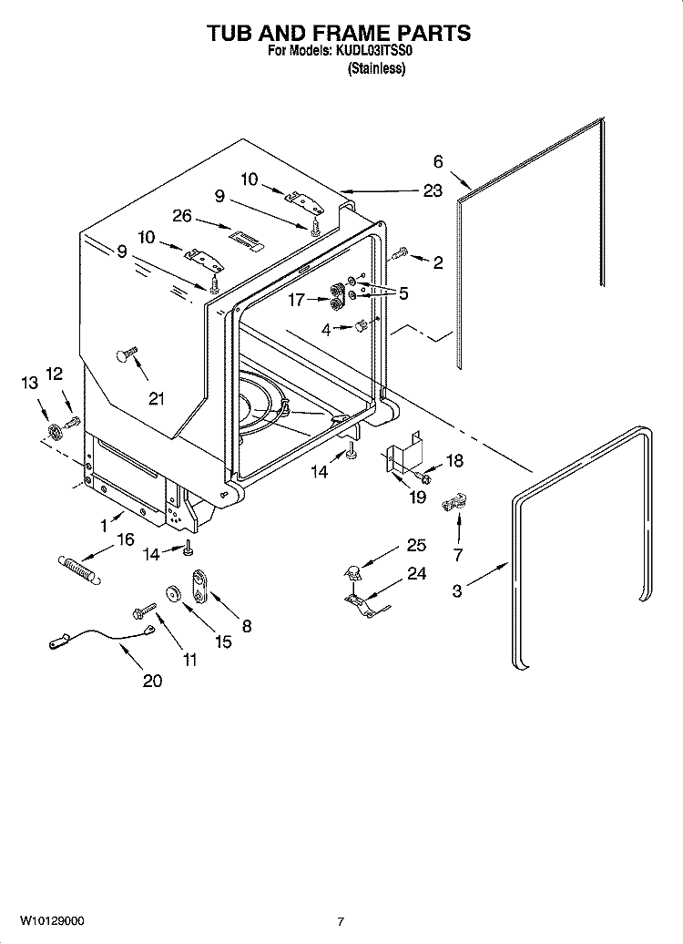 TUB AND FRAME PARTS Diagram and Parts List for KUDL03ITSS0  KitchenAid Dishwasher