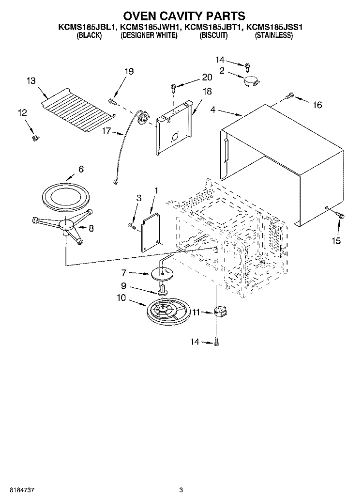 OVEN CAVITY Diagram and Parts List for KCMS185JBT1  KitchenAid Microwave