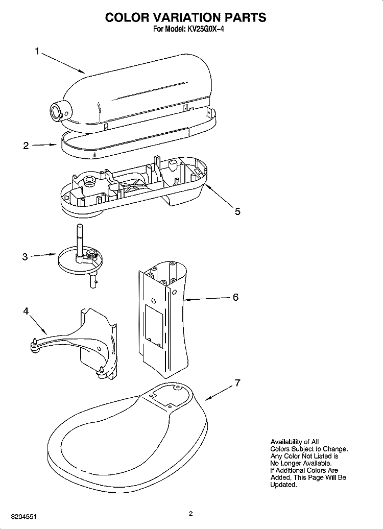 COLOR VARIATION PARTS Diagram and Parts List for KV25G0X-4  KitchenAid Mixer