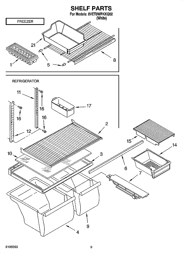 SHELF PARTS, OPTIONAL PARTS Diagram and Parts List for 8VET0WPKKQ02  Whirlpool Refrigerator