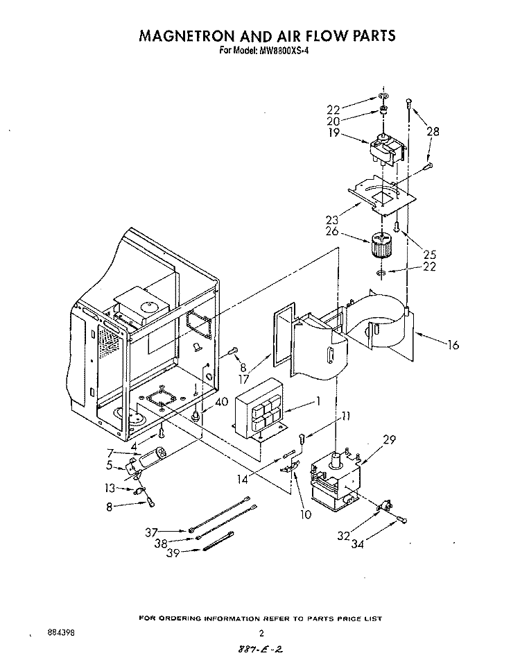 MAGNETRON AND AIR FLOW Diagram and Parts List for MW8800XS4  Whirlpool Microwave