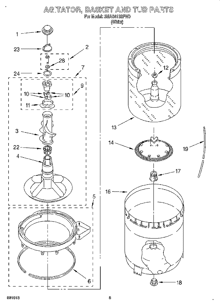 AGITATOR, BASKET AND TUB Diagram and Parts List for 3MAS4132FW0  Whirlpool Washer