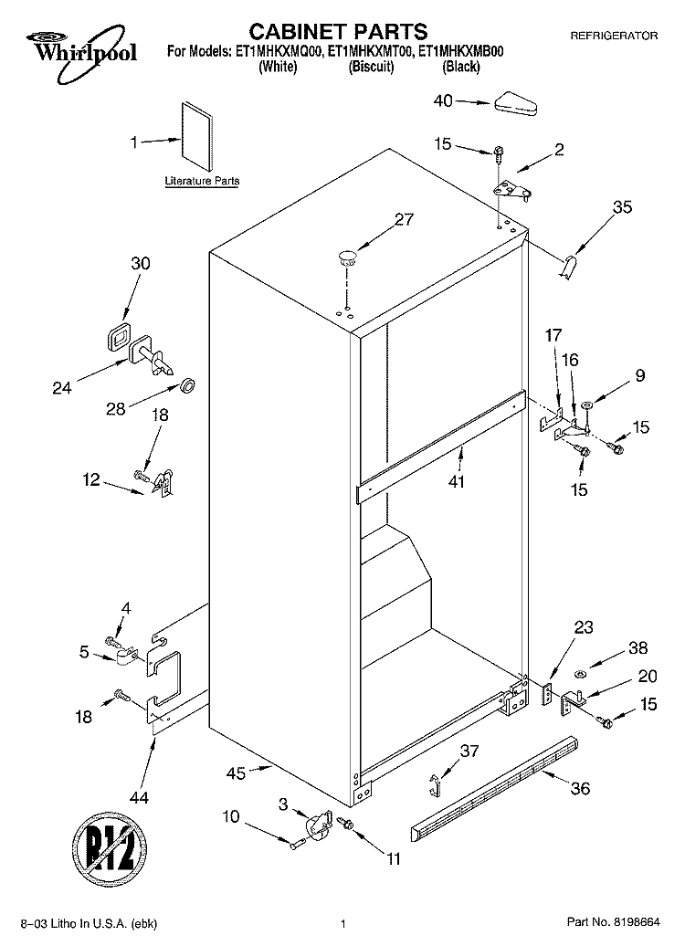 CABINET PARTS Diagram and Parts List for ET1MHKXMB00  Whirlpool Refrigerator