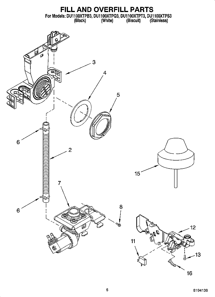 FILL AND OVERFILL PARTS Diagram and Parts List for DU1100XTPB3  Whirlpool Dishwasher