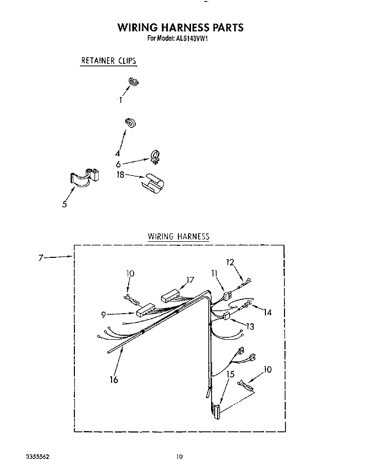 WIRING HARNESS Diagram and Parts List for AL5143VW1  Whirlpool Washer