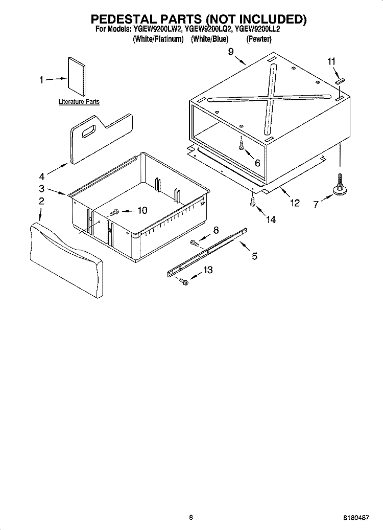 PEDESTAL PARTS (NOT INCLUDED), OPTIONAL PARTS (NOT INCLUDED) Diagram and Parts List for YGEW9200LW2  Whirlpool Dryer