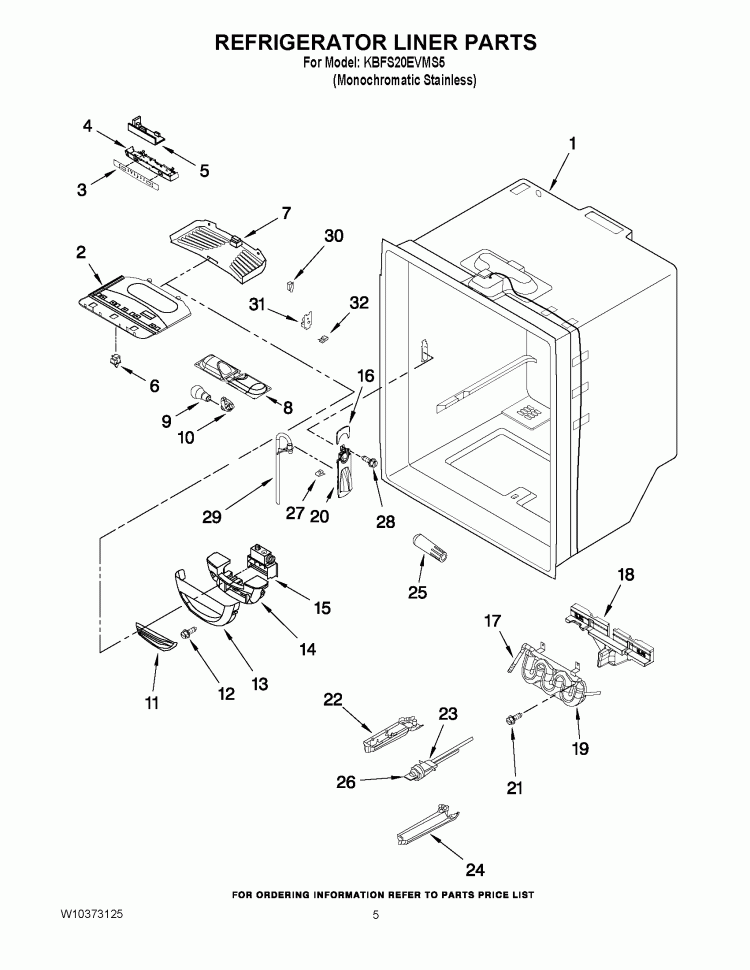 REFRIGERATOR LINER PARTS Diagram and Parts List for KBFS20EVMS5  KitchenAid Refrigerator