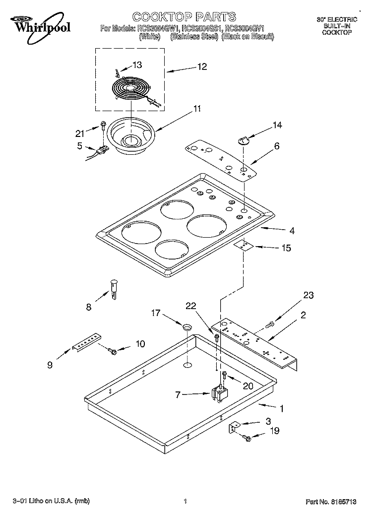 SECTION Diagram and Parts List for RCS3004GS1  Whirlpool Cooktop