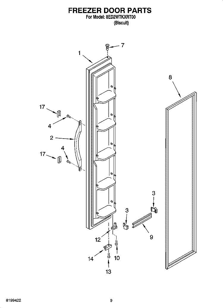 FREEZER DOOR PARTS Diagram and Parts List for 8ED2WTKXRT00  Whirlpool Refrigerator