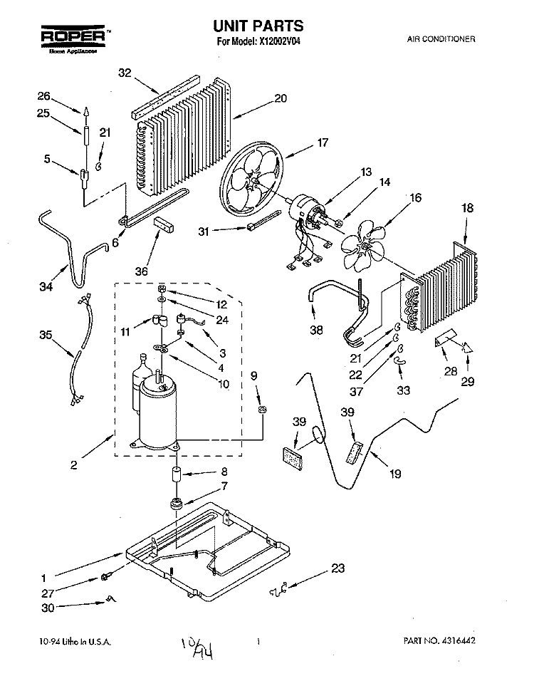 UNIT, LITERATURE Diagram and Parts List for X12002V04  Roper Air Conditioner