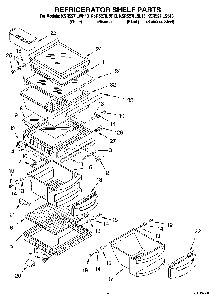 REFRIGERATOR SHELF PARTS Diagram and Parts List for KSRS27ILSS13  KitchenAid Refrigerator