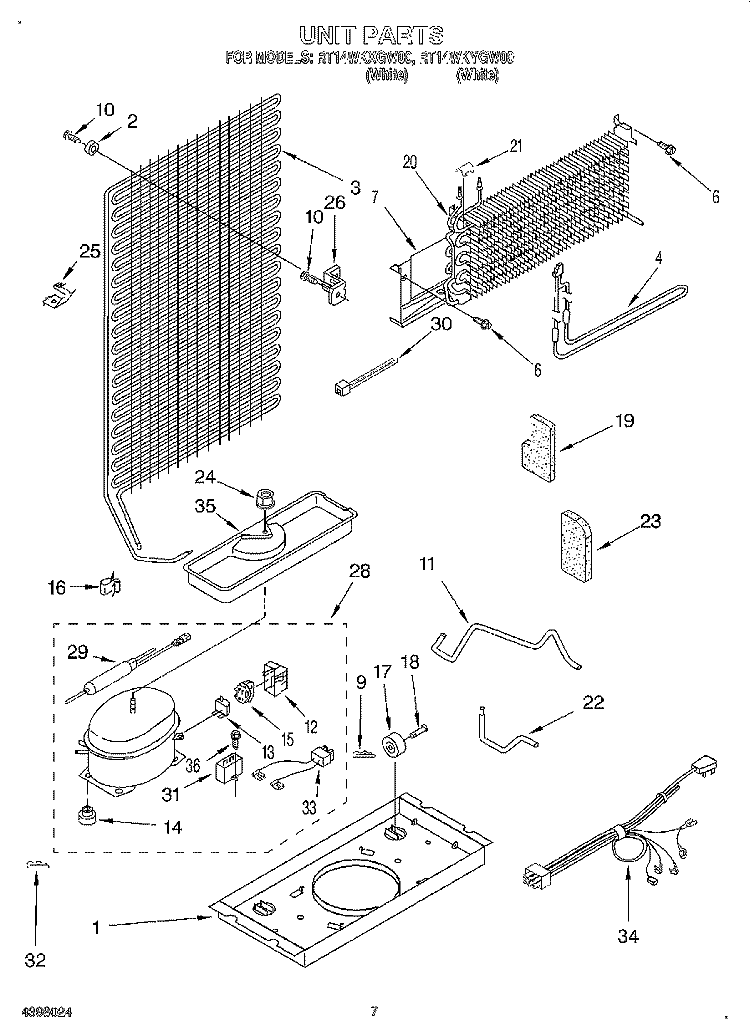 UNIT Diagram and Parts List for RT14WKYGW00  Roper Refrigerator