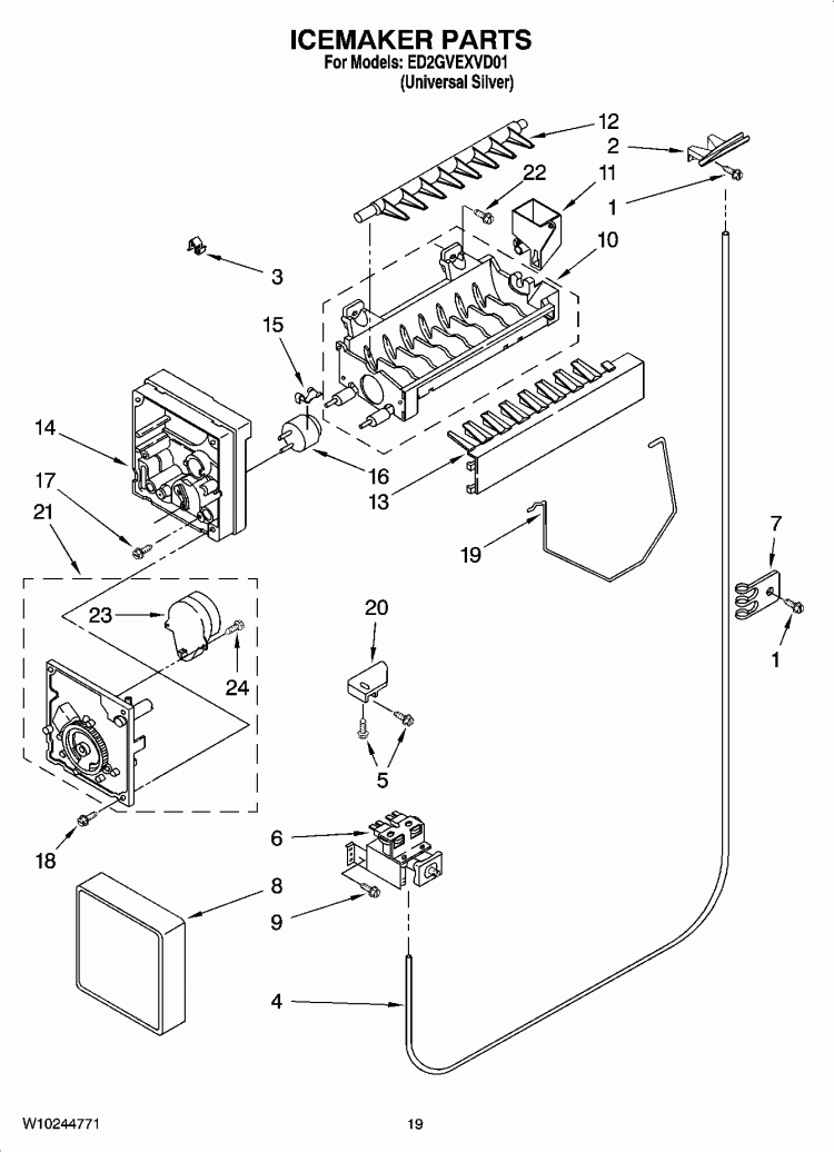 ICEMAKER PARTS Diagram and Parts List for ED2GVEXVD01  Whirlpool Refrigerator