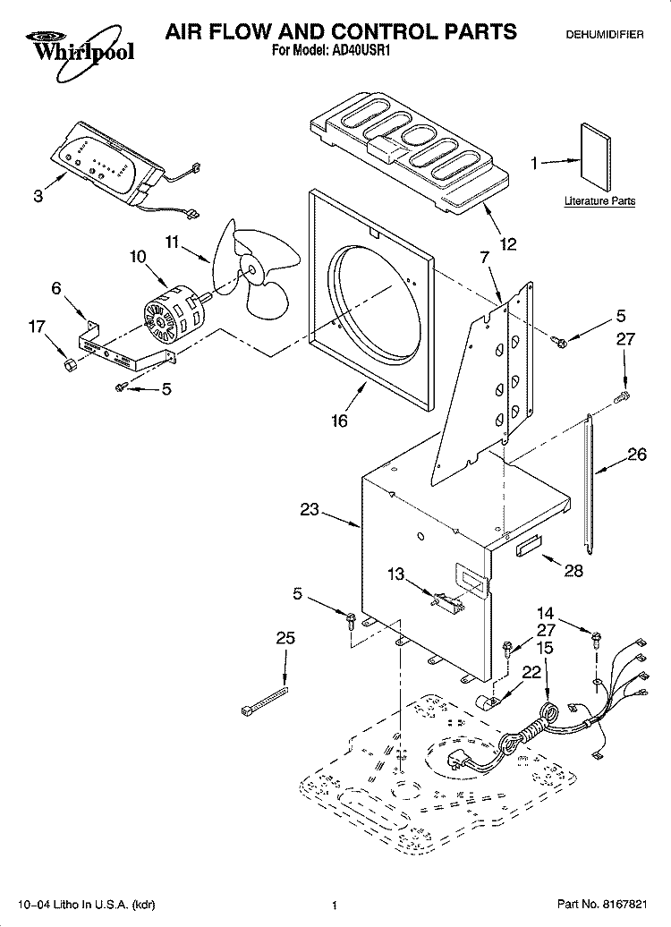 AIR FLOW AND CONTROL PARTS Diagram and Parts List for AD40USR1  Whirlpool Dehumidifier