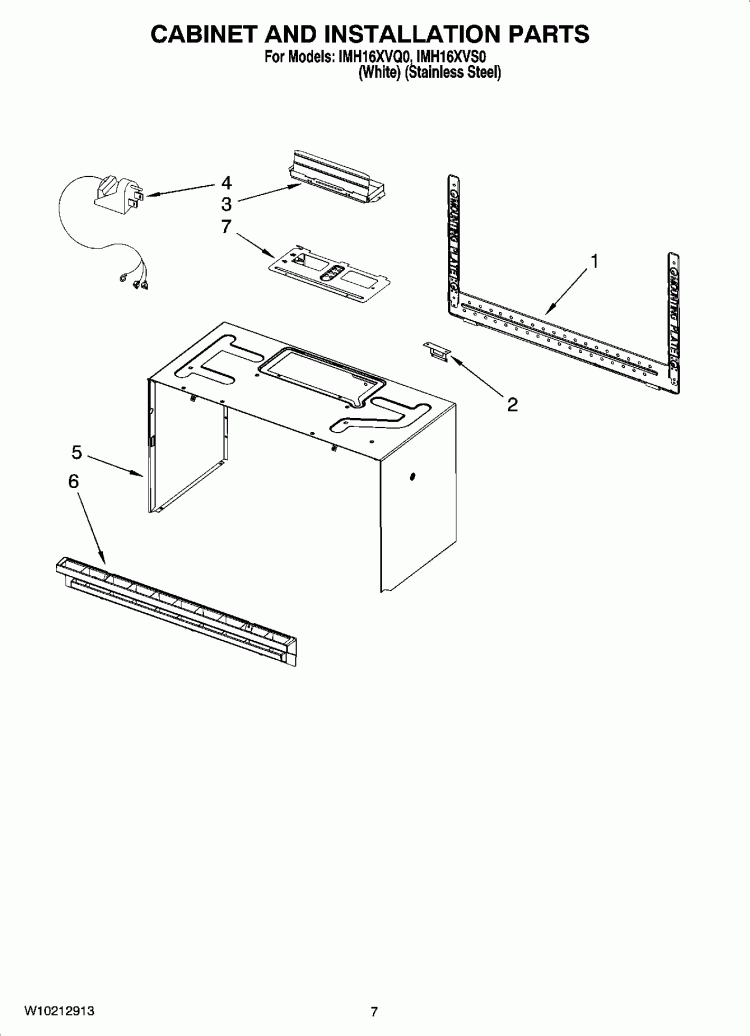 CABINET AND INSTALLATION PARTS Diagram and Parts List for IMH16XVS0  Whirlpool Microwave