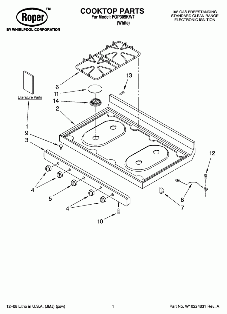 COOKTOP PARTS Diagram and Parts List for FGP305KW7  Roper Range