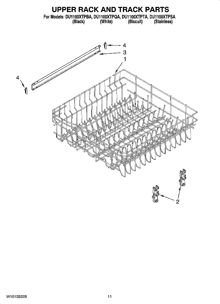 UPPER RACK AND TRACK PARTS Diagram and Parts List for DU1100XTPBA  Whirlpool Dishwasher