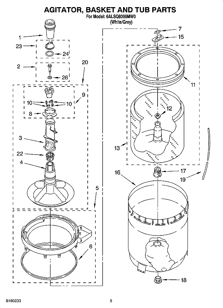 AGITATOR, BASKET AND TUB PARTS Diagram and Parts List for 6ALSQ8000MW0  Whirlpool Washer