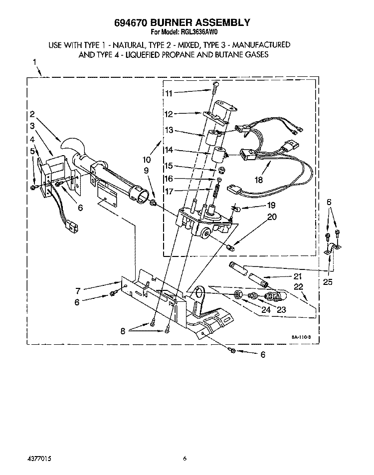 694670 BURNER ASSEMBLY Diagram and Parts List for RGL3636AL0  Roper Dryer