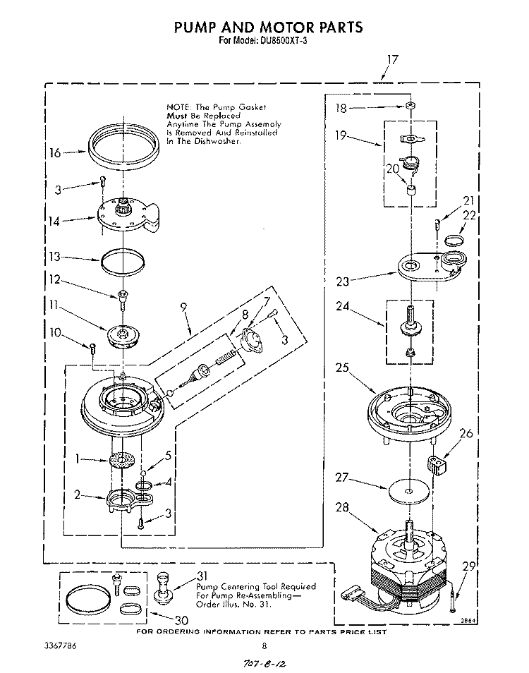 PUMP AND MOTOR Diagram and Parts List for DU8500XT3  Whirlpool Dishwasher
