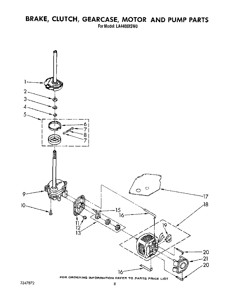 BRAKE, CLUTCH, GEARCASE, MOTOR AND PUMP Diagram and Parts List for LA4400XSW0  Whirlpool Washer
