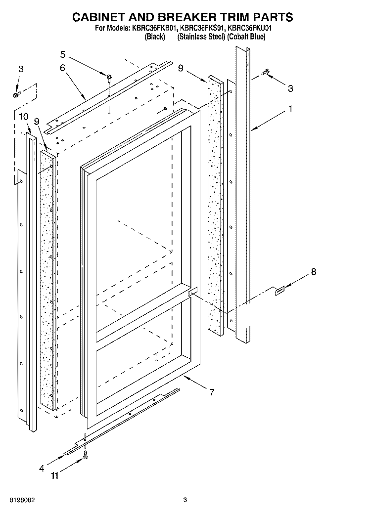 CABINET AND BREAKER TRIM Diagram and Parts List for KBRC36FKB01  KitchenAid Refrigerator