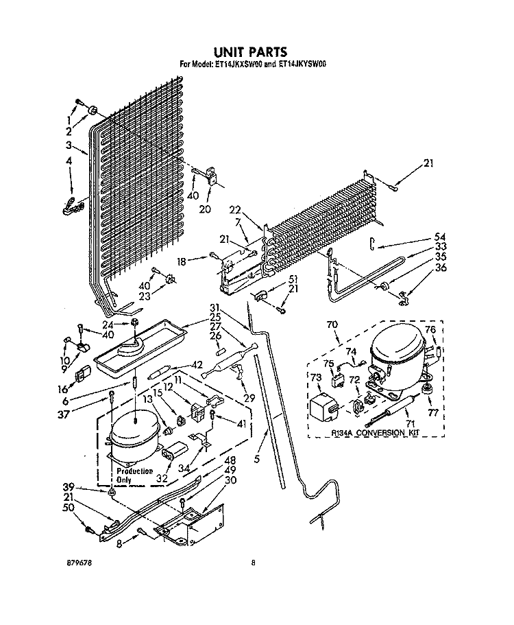 UNIT Diagram and Parts List for ET14JKXSW00  Whirlpool Refrigerator
