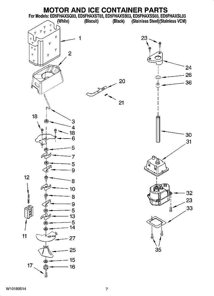 MOTOR AND ICE CONTAINER PARTS Diagram and Parts List for ED5FHAXSQ03  Whirlpool Refrigerator