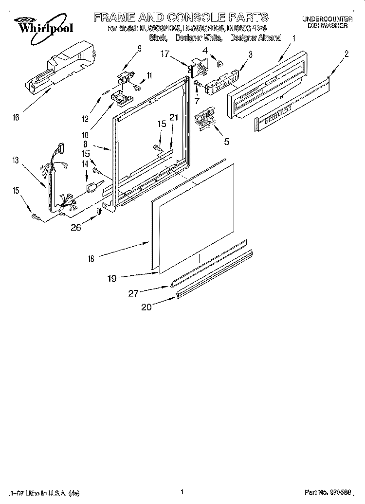 FRAME AND CONSOLE Diagram and Parts List for DU980QPDB5  Whirlpool Dishwasher
