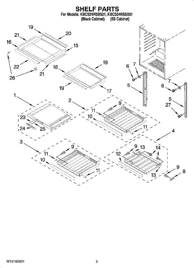 SHELF PARTS Diagram and Parts List for KBCS24RSBS01  KitchenAid Wine and Beverage Cooler