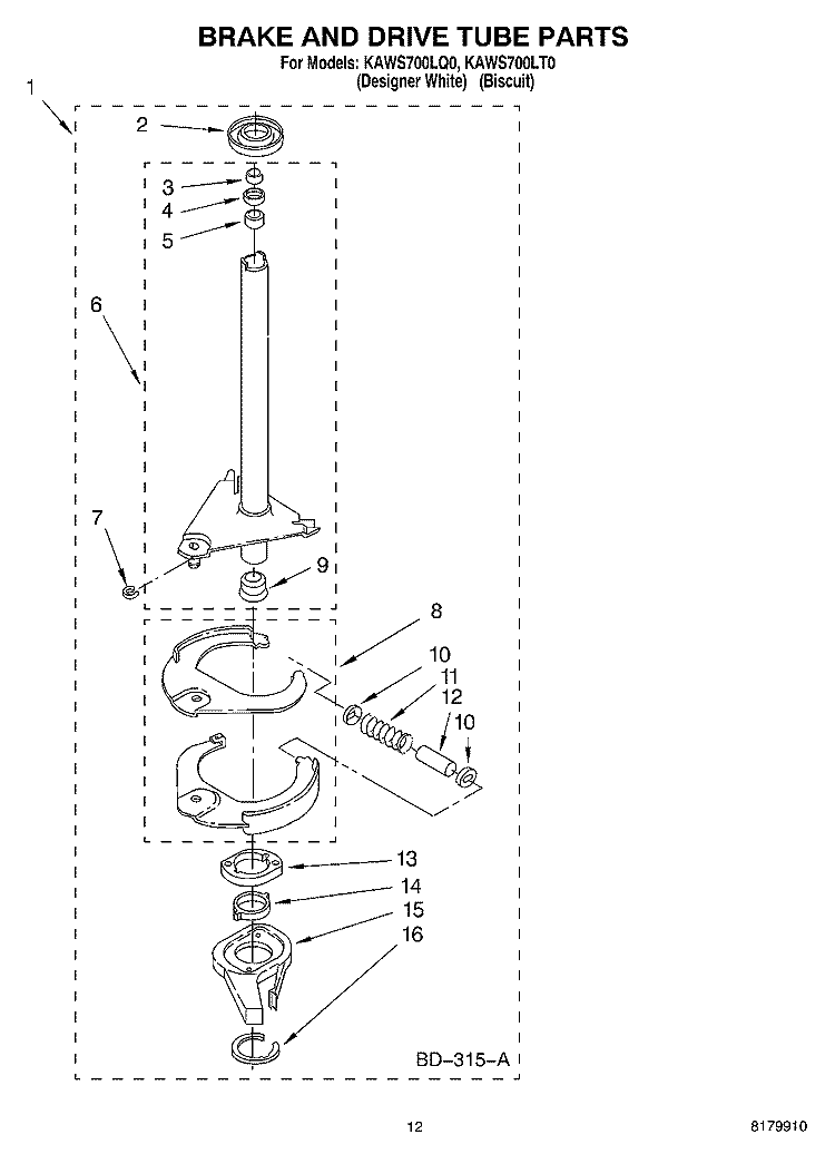 BRAKE AND DRIVE TUBE Diagram and Parts List for KAWS700LQ0  KitchenAid Washer