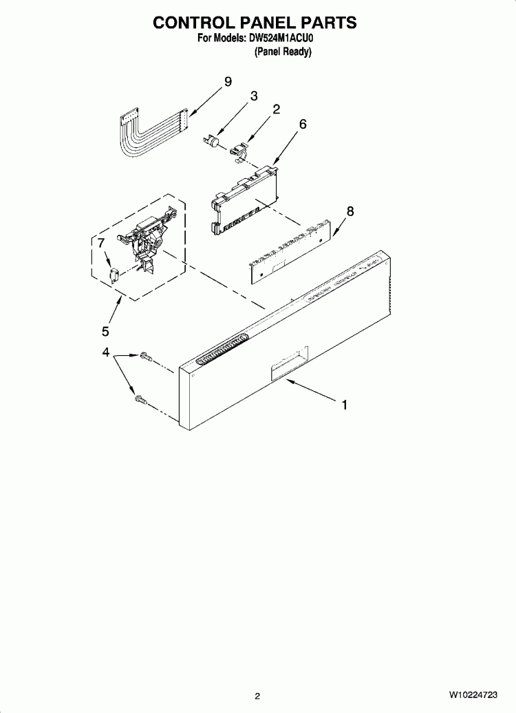 CONTROL PANEL PARTS Diagram and Parts List for DW524M1ACU0  Whirlpool Dishwasher