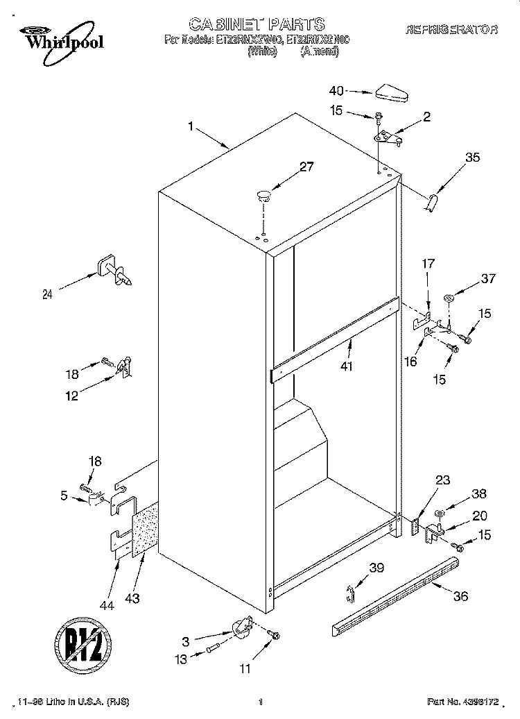 CABINET Diagram and Parts List for ET22RMXGN00  Whirlpool Refrigerator