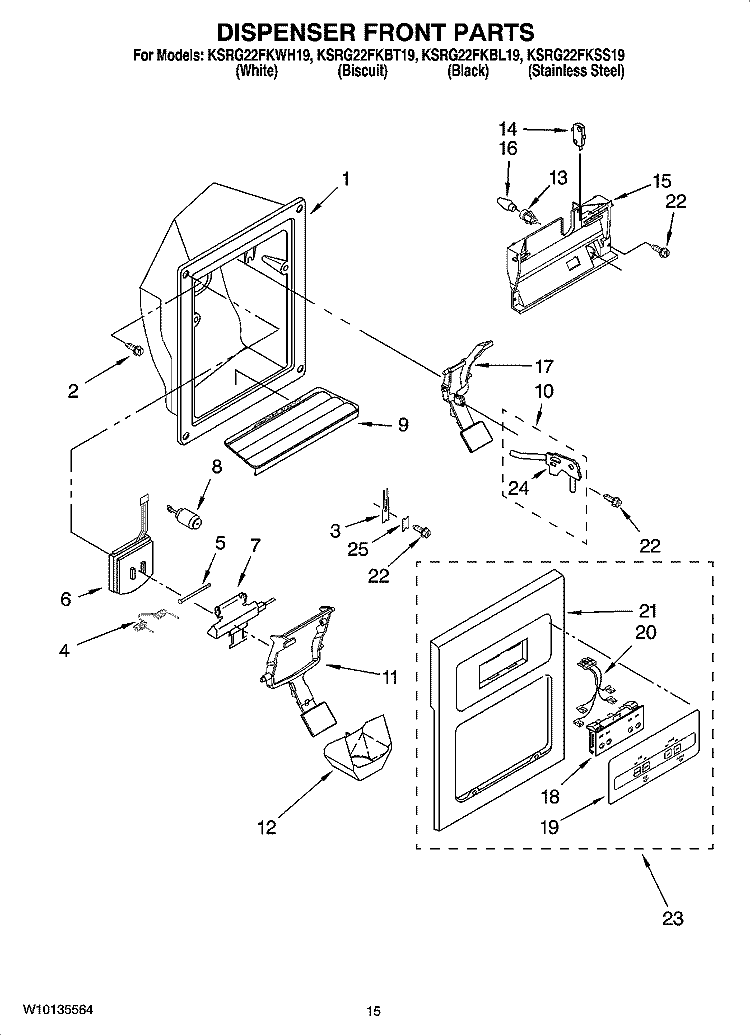 DISPENSER FRONT PARTS Diagram and Parts List for KSRG22FKWH19  KitchenAid Refrigerator