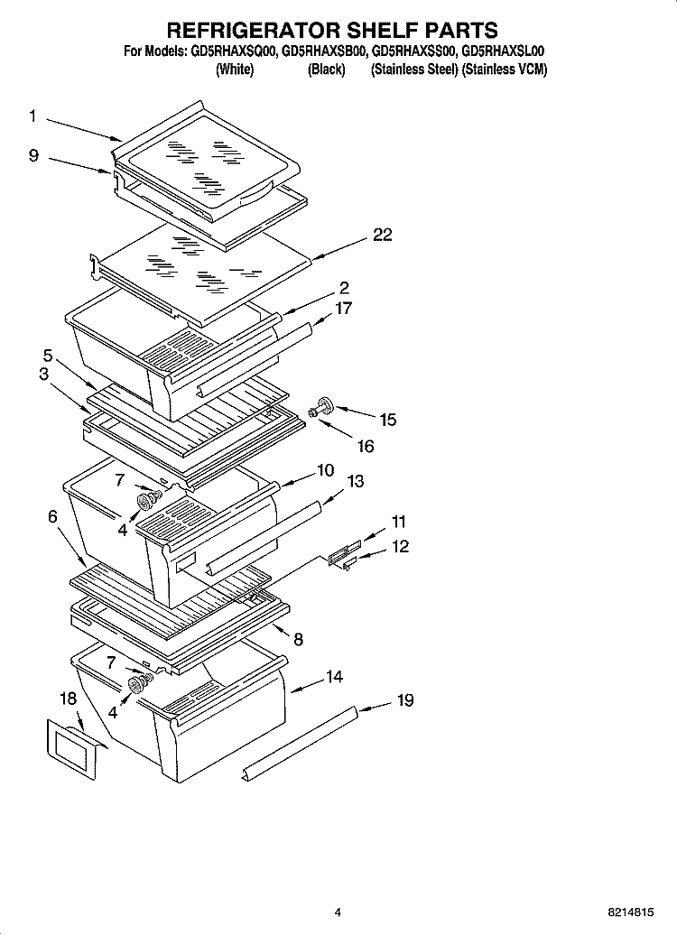 REFRIGERATOR SHELF PARTS Diagram and Parts List for GD5RHAXSL00  Whirlpool Refrigerator