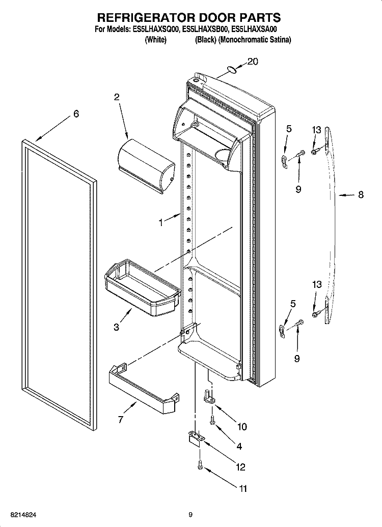 REFRIGERATOR DOOR PARTS Diagram and Parts List for ES5LHAXSQ00  Whirlpool Refrigerator