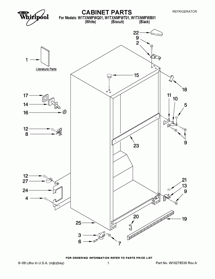 CABINET PARTS Diagram and Parts List for W1TXNMFWB01  Whirlpool Refrigerator